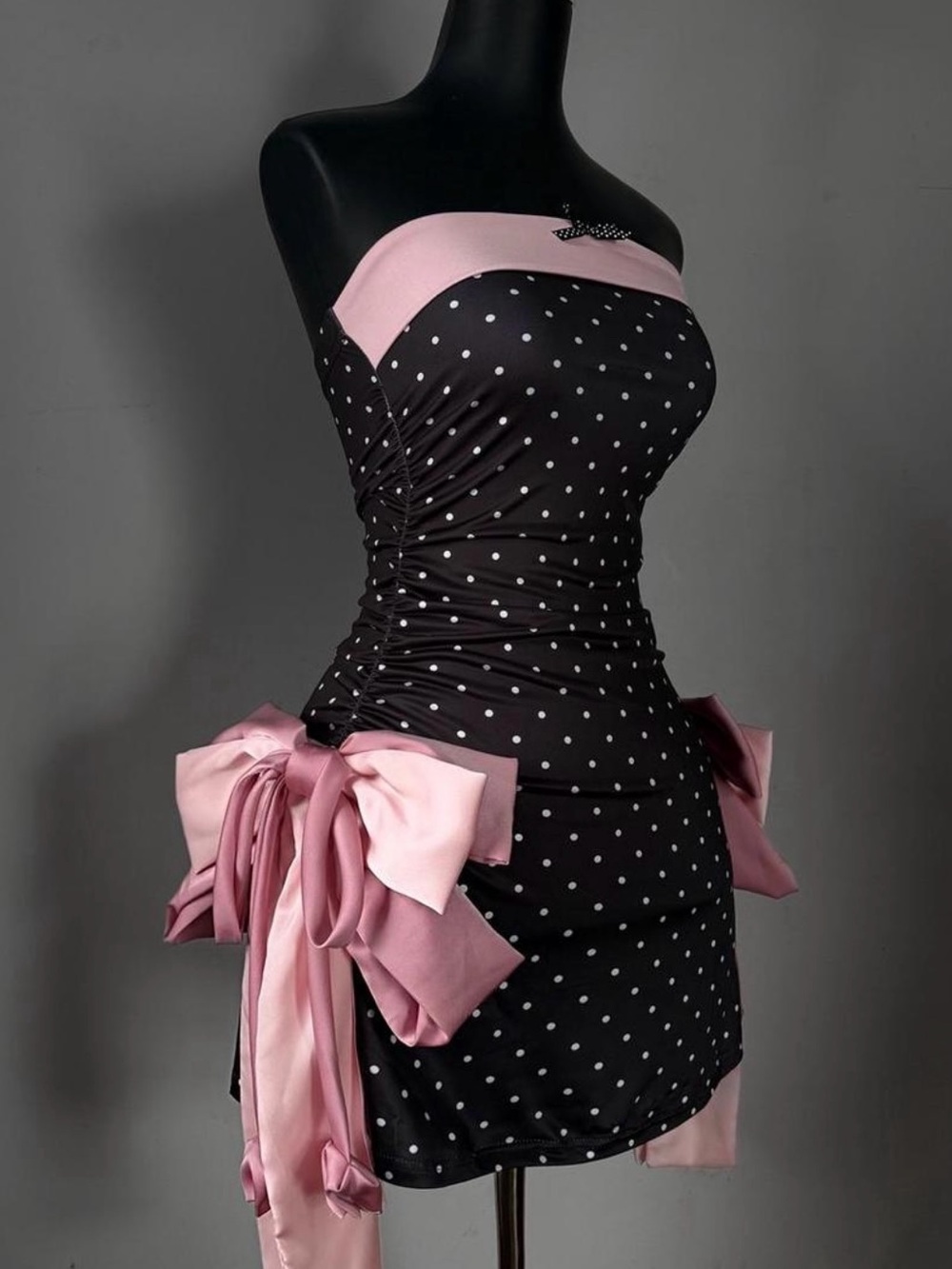 Handmade Strapless Black Polka Dot Mini Dress with Pink Bows 🎀